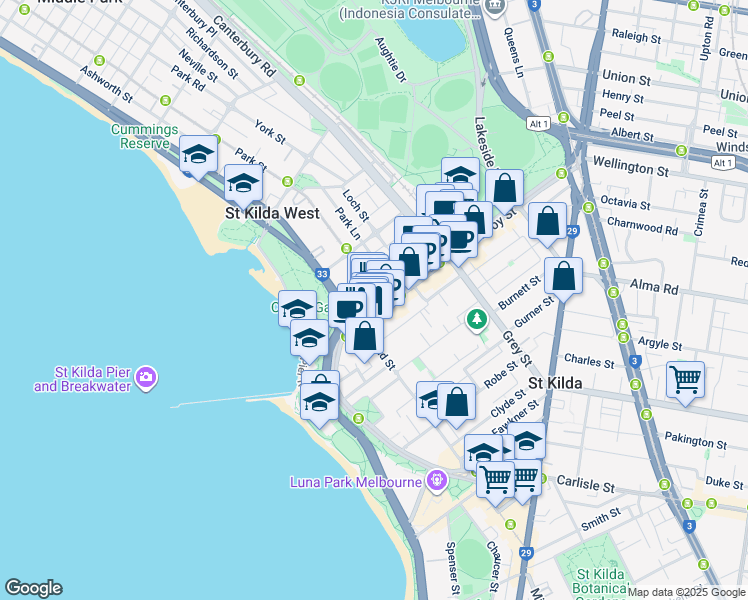 map of restaurants, bars, coffee shops, grocery stores, and more near 14 Fitzroy Street in St Kilda