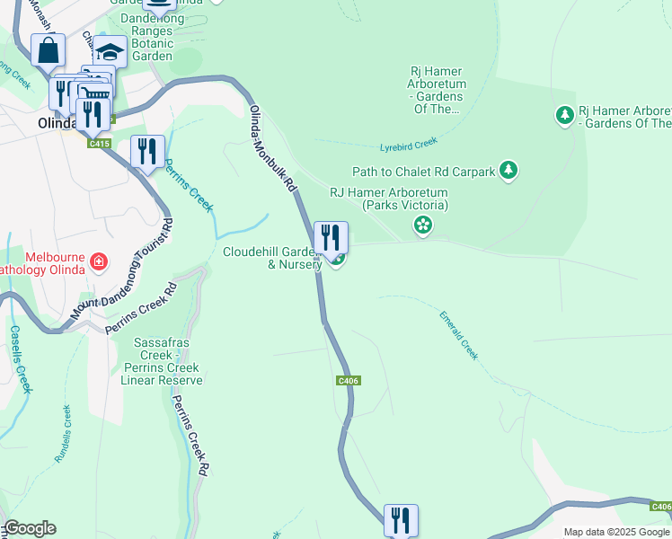 map of restaurants, bars, coffee shops, grocery stores, and more near 89 Olinda-Monbulk Road in Olinda