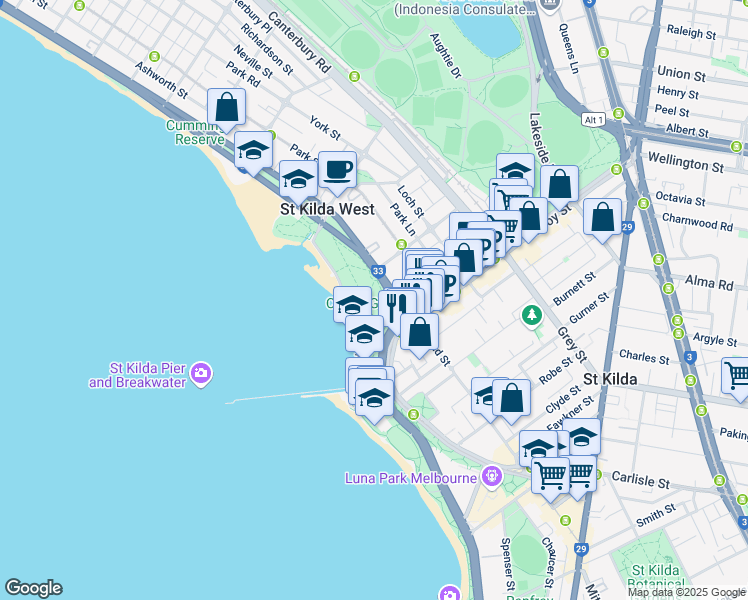 map of restaurants, bars, coffee shops, grocery stores, and more near Beaconsfield Parade in Saint Kilda West