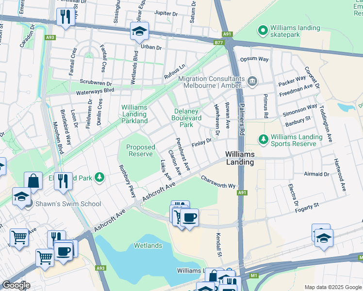 map of restaurants, bars, coffee shops, grocery stores, and more near 45 Penshurst Avenue in Williams Landing
