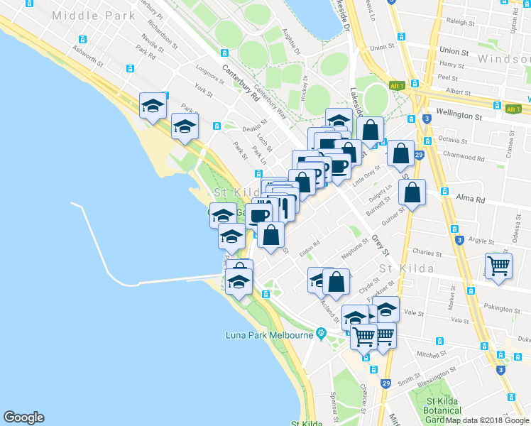 map of restaurants, bars, coffee shops, grocery stores, and more near 368 Beaconsfield Parade in St Kilda West