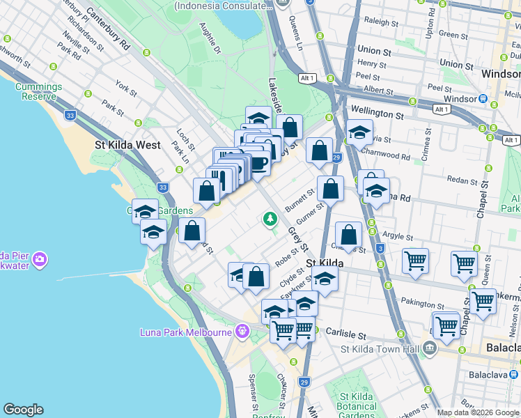 map of restaurants, bars, coffee shops, grocery stores, and more near 37 Eildon Road in St Kilda