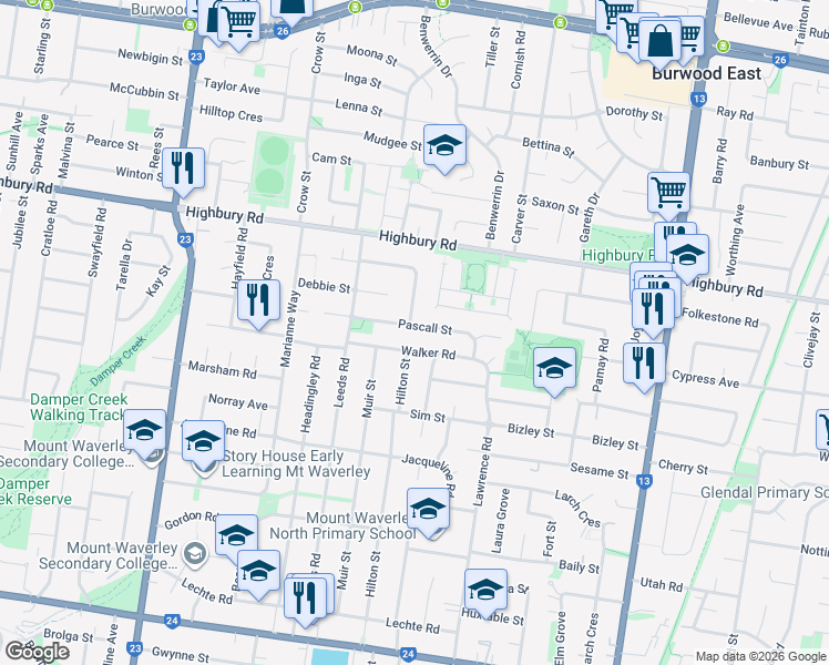 map of restaurants, bars, coffee shops, grocery stores, and more near 22 Pascall Street in Mount Waverley