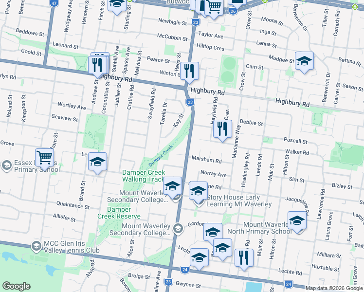 map of restaurants, bars, coffee shops, grocery stores, and more near 105 Stephensons Road in Mount Waverley