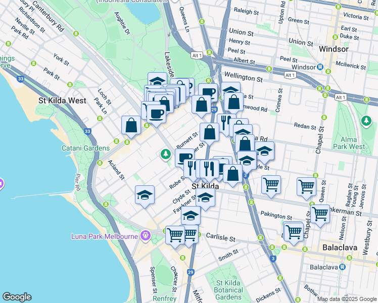 map of restaurants, bars, coffee shops, grocery stores, and more near 10 Gurner Street in St Kilda