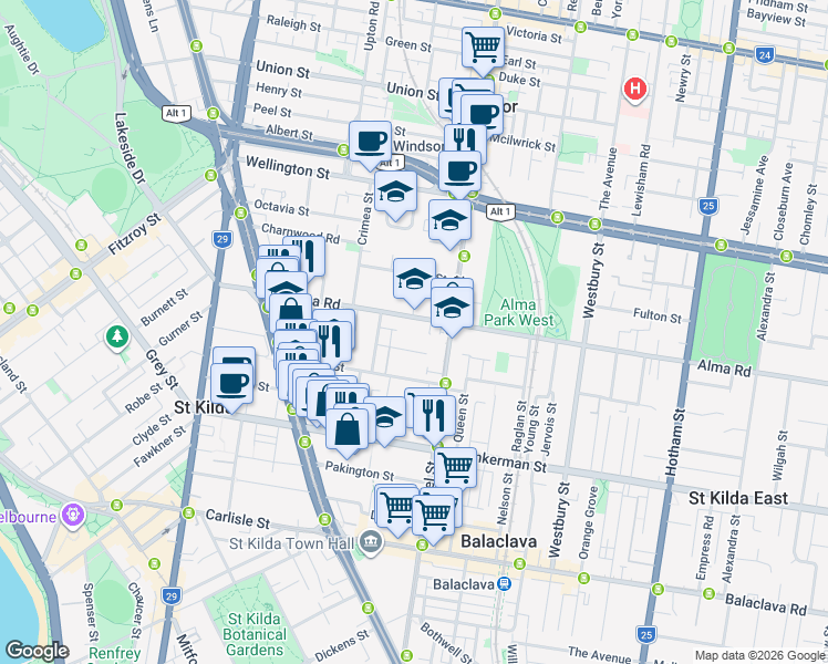 map of restaurants, bars, coffee shops, grocery stores, and more near 77 Alma Road in St Kilda
