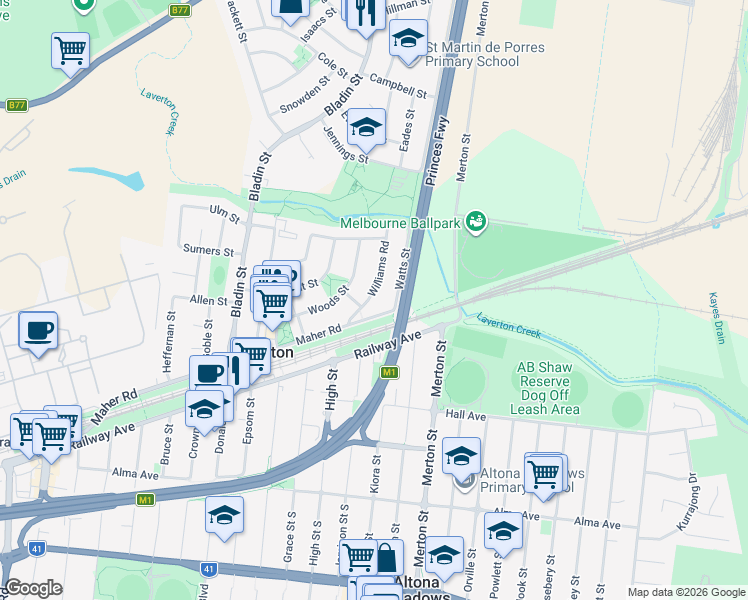 map of restaurants, bars, coffee shops, grocery stores, and more near 37 Williams Road in Laverton