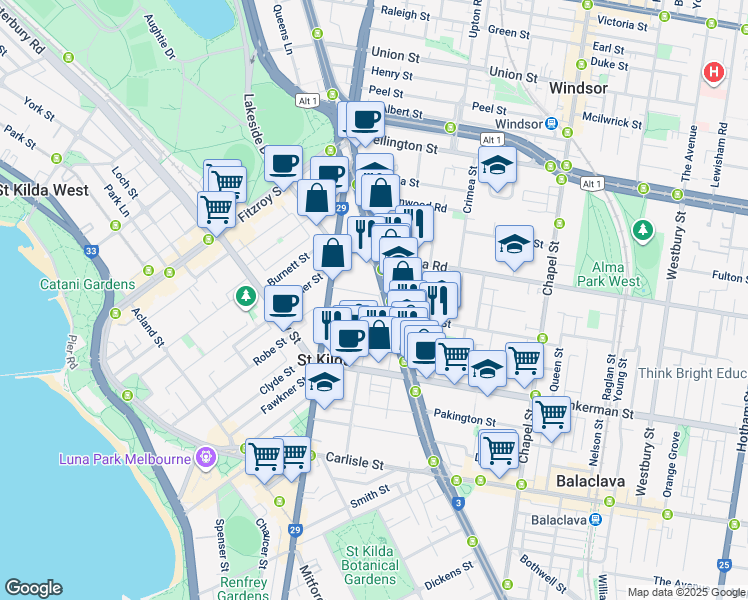 map of restaurants, bars, coffee shops, grocery stores, and more near 27 Waterloo Crescent in St Kilda