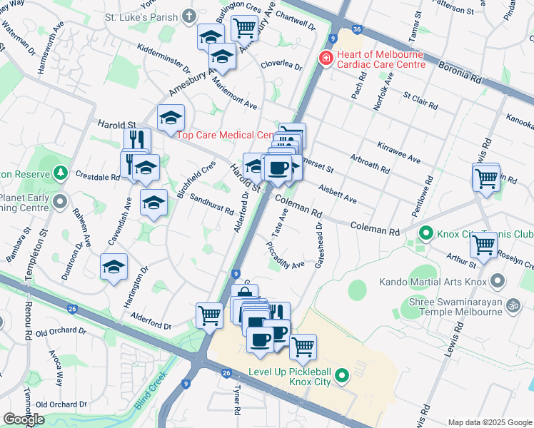 map of restaurants, bars, coffee shops, grocery stores, and more near 261 Stud Road in Wantirna South