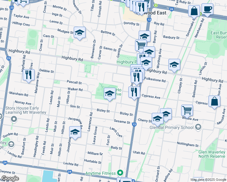 map of restaurants, bars, coffee shops, grocery stores, and more near in Mount Waverley