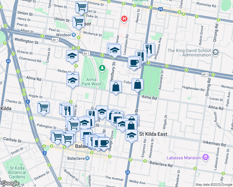 map of restaurants, bars, coffee shops, grocery stores, and more near 131 Alma Road in Saint Kilda East