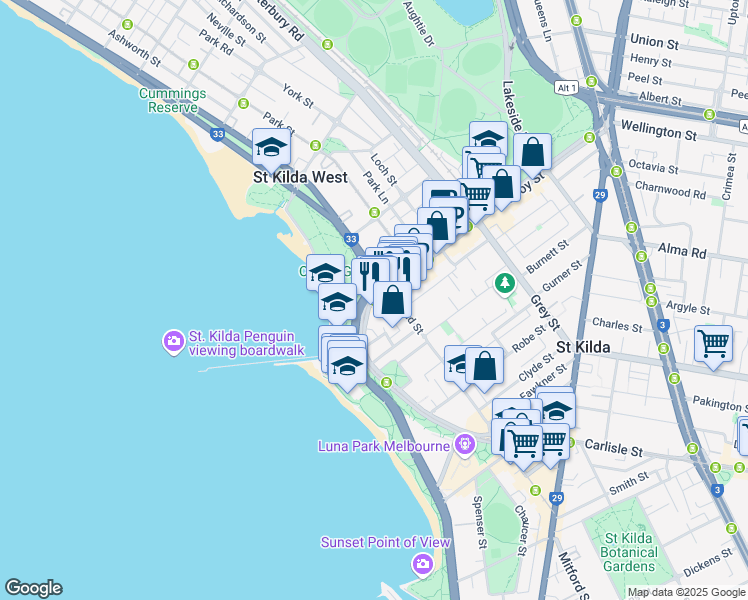 map of restaurants, bars, coffee shops, grocery stores, and more near 1 Pollington Street in St Kilda