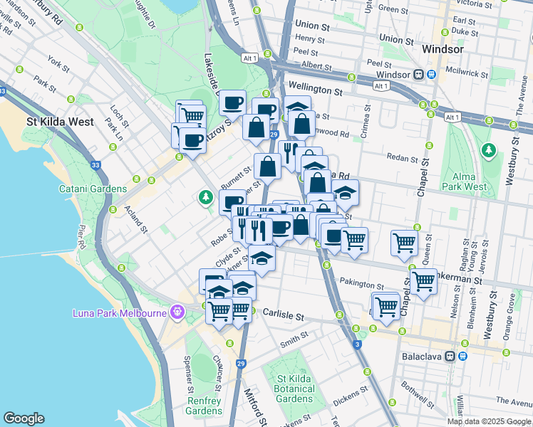 map of restaurants, bars, coffee shops, grocery stores, and more near 76 Barkly Street in St Kilda