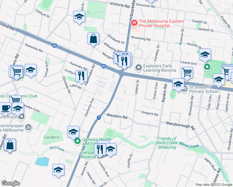 map of restaurants, bars, coffee shops, grocery stores, and more near 229 Scoresby Road in Boronia