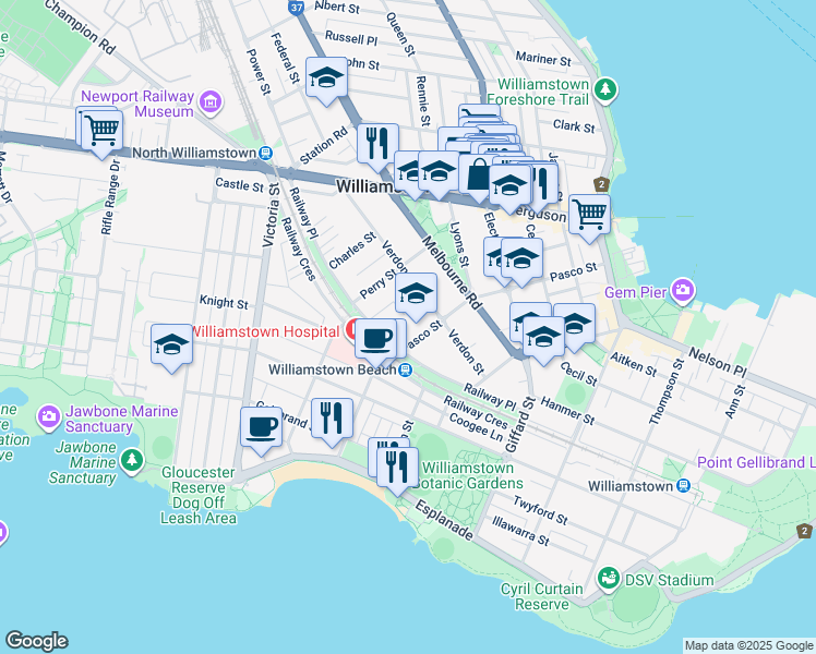 map of restaurants, bars, coffee shops, grocery stores, and more near 76 Pasco Street in Williamstown