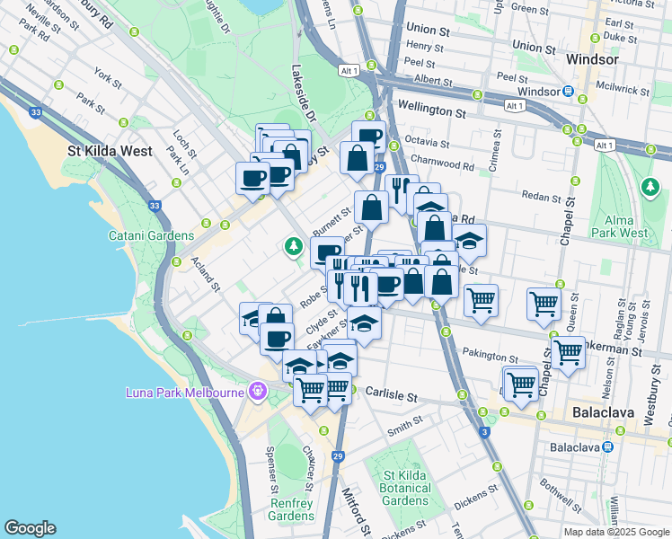 map of restaurants, bars, coffee shops, grocery stores, and more near 82 Grey Street in St Kilda