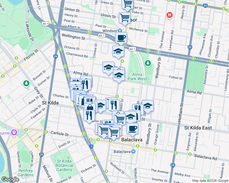 map of restaurants, bars, coffee shops, grocery stores, and more near 53 Chapel Street in St Kilda