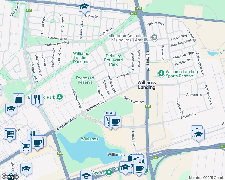 map of restaurants, bars, coffee shops, grocery stores, and more near 62 Penshurst Avenue in Williams Landing