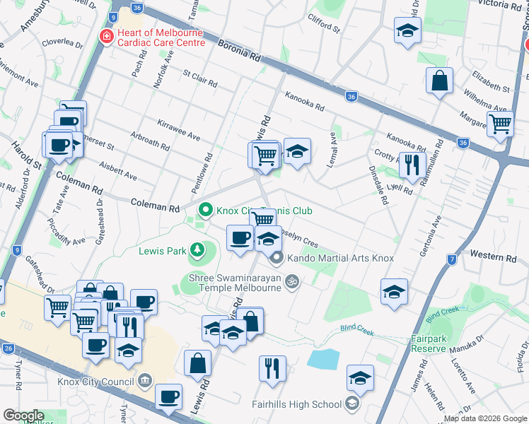 map of restaurants, bars, coffee shops, grocery stores, and more near 46 Lewis Road in Wantirna South