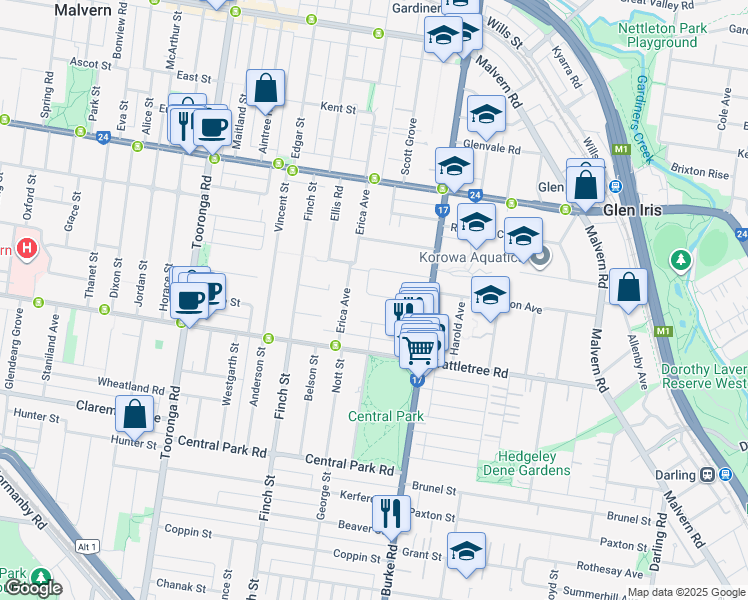 map of restaurants, bars, coffee shops, grocery stores, and more near 6 Hope Street in Glen Iris