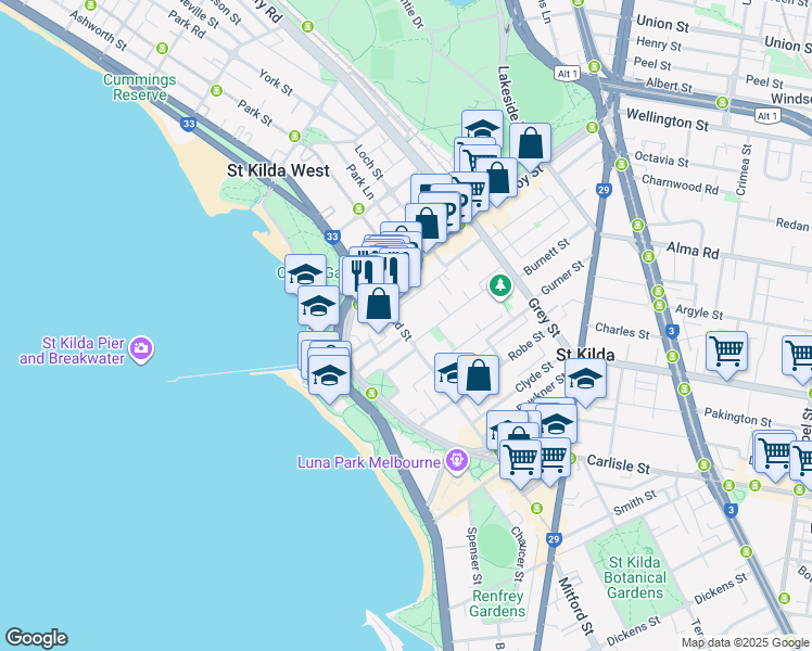 map of restaurants, bars, coffee shops, grocery stores, and more near 12 Acland Street in St Kilda