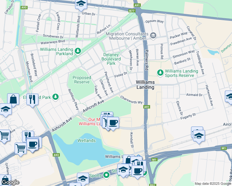 map of restaurants, bars, coffee shops, grocery stores, and more near 26 Ashcroft Avenue in Williams Landing