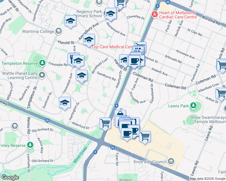 map of restaurants, bars, coffee shops, grocery stores, and more near 32 Alderford Drive in Wantirna