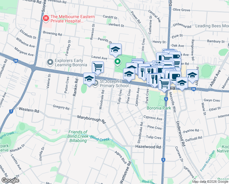 map of restaurants, bars, coffee shops, grocery stores, and more near 7 Narcissus Avenue in Boronia