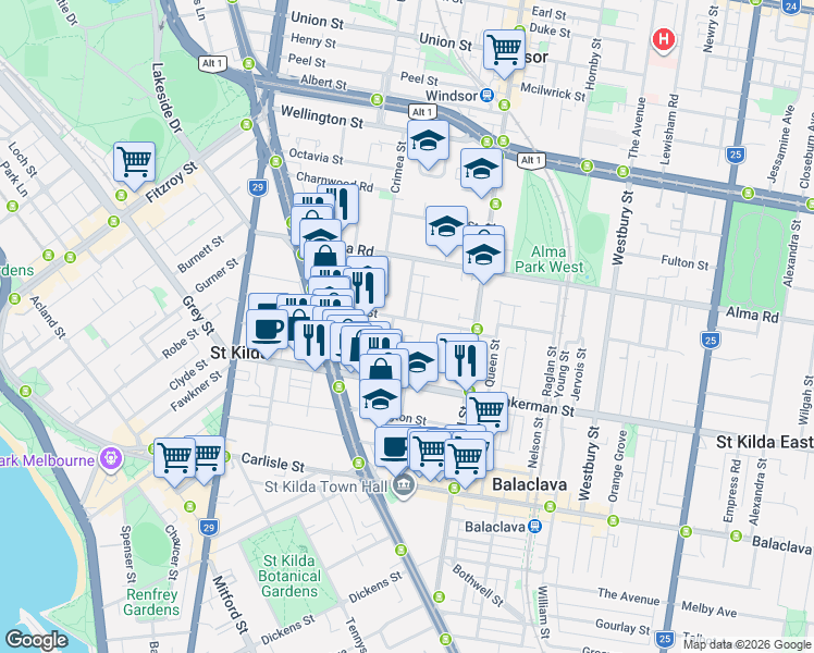 map of restaurants, bars, coffee shops, grocery stores, and more near 93 Argyle Street in St Kilda