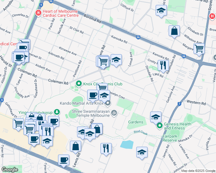 map of restaurants, bars, coffee shops, grocery stores, and more near 59 Lewis Road in Wantirna South