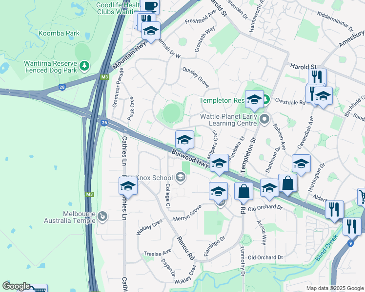 map of restaurants, bars, coffee shops, grocery stores, and more near 14 Benwerrin Drive in Wantirna