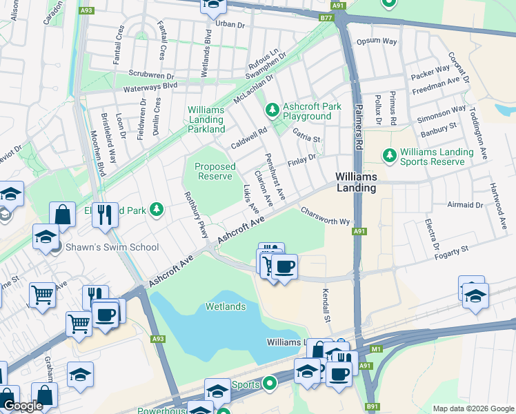 map of restaurants, bars, coffee shops, grocery stores, and more near 57 Lukis Avenue in Williams Landing