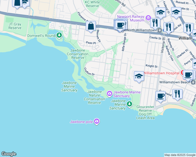 map of restaurants, bars, coffee shops, grocery stores, and more near 29 Sandpiper Place in Williamstown