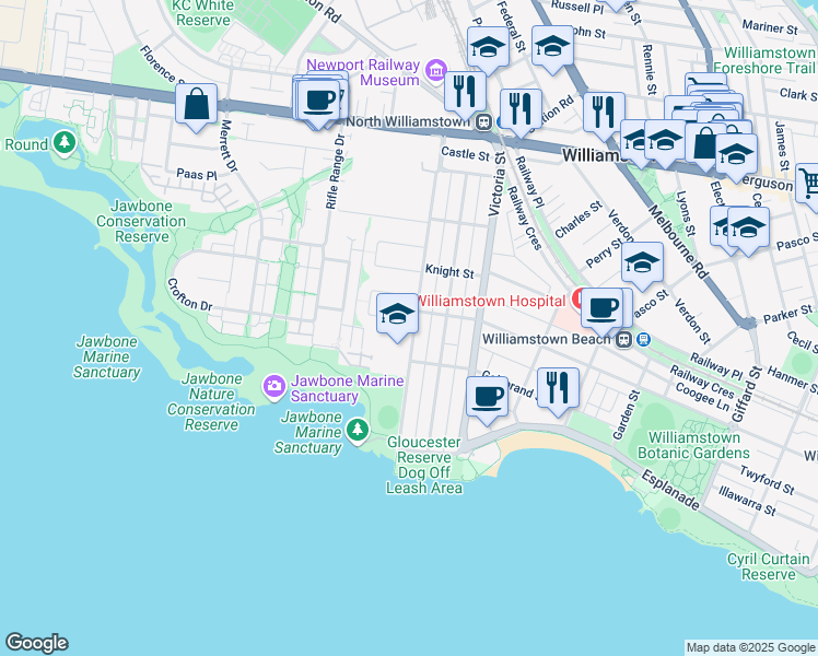 map of restaurants, bars, coffee shops, grocery stores, and more near 57 Bayview Street in Williamstown