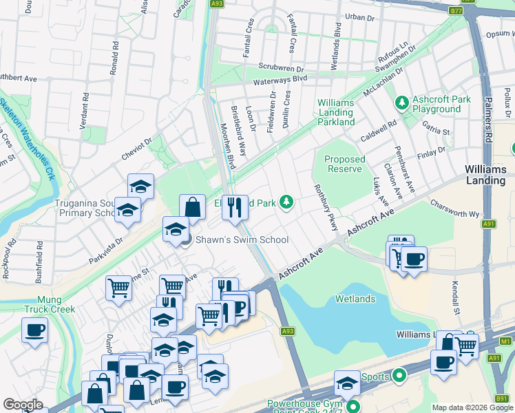map of restaurants, bars, coffee shops, grocery stores, and more near Ashwell Avenue in Williams Landing