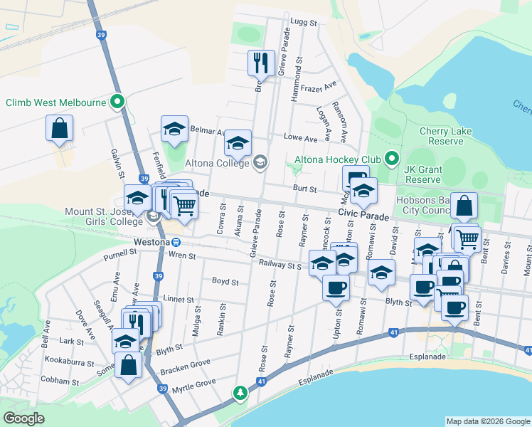 map of restaurants, bars, coffee shops, grocery stores, and more near 68 Grieve Parade in Altona