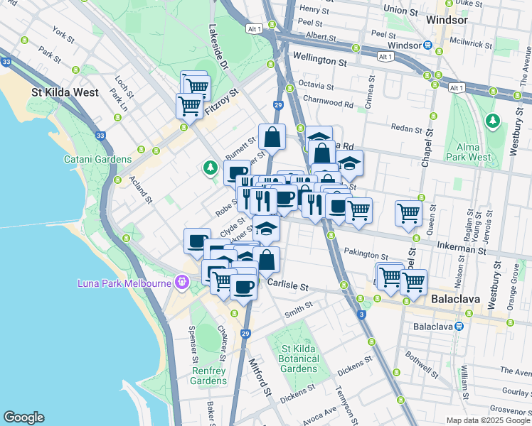 map of restaurants, bars, coffee shops, grocery stores, and more near in St Kilda