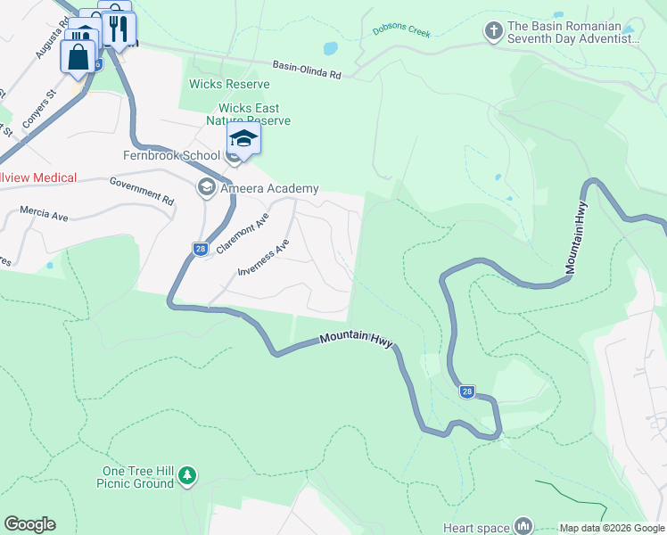 map of restaurants, bars, coffee shops, grocery stores, and more near 26 Golden Grove in The Basin