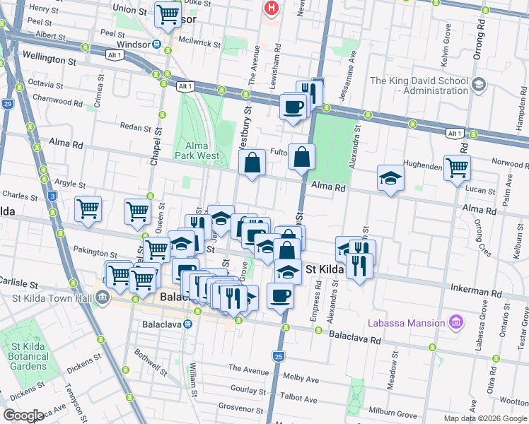 map of restaurants, bars, coffee shops, grocery stores, and more near 18 Westbury Grove in St Kilda East