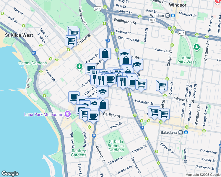map of restaurants, bars, coffee shops, grocery stores, and more near 33 Inkerman Street in St Kilda