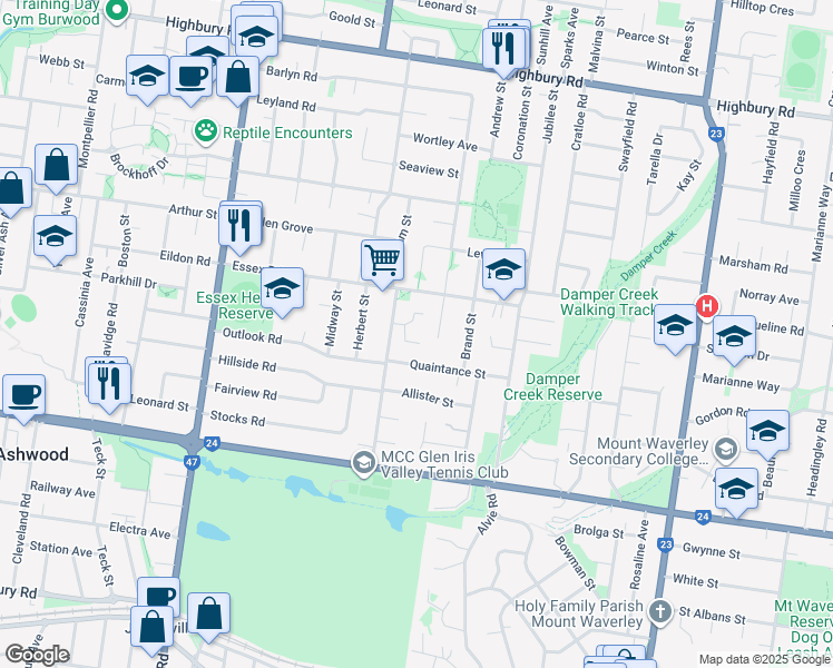 map of restaurants, bars, coffee shops, grocery stores, and more near 12 Surrey Road in Mount Waverley