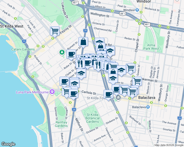 map of restaurants, bars, coffee shops, grocery stores, and more near 1 Lyell Street in Saint Kilda