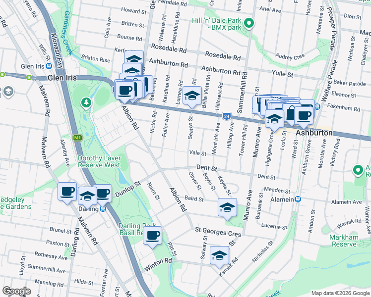 map of restaurants, bars, coffee shops, grocery stores, and more near 26 Seaton Street in Glen Iris