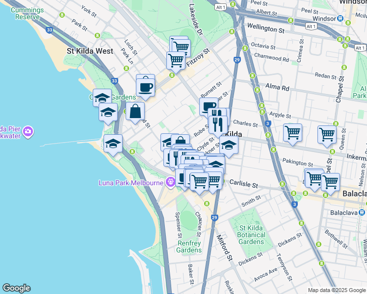 map of restaurants, bars, coffee shops, grocery stores, and more near 23 Robe Street in St Kilda