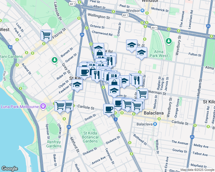 map of restaurants, bars, coffee shops, grocery stores, and more near 109 Inkerman Street in St Kilda