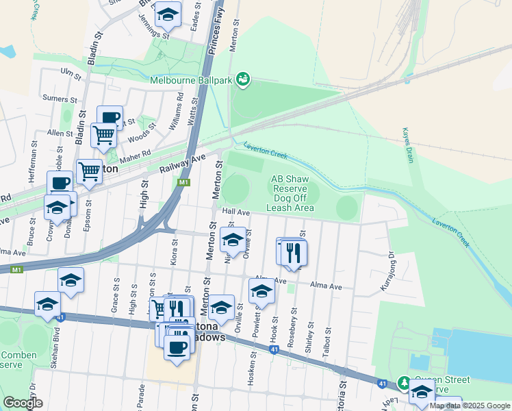 map of restaurants, bars, coffee shops, grocery stores, and more near 77-87 Hall Avenue in Altona Meadows