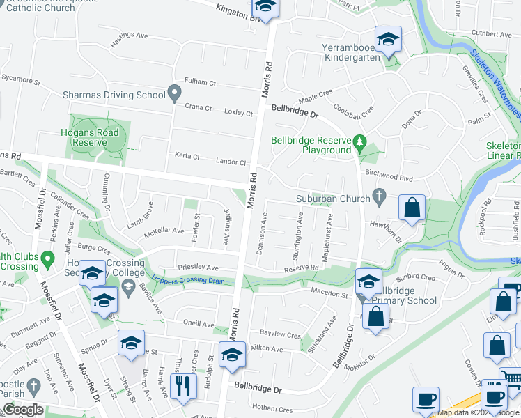 map of restaurants, bars, coffee shops, grocery stores, and more near 35 Dennison Avenue in Hoppers Crossing