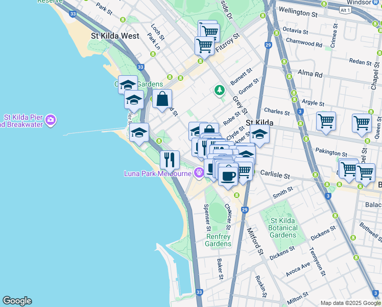 map of restaurants, bars, coffee shops, grocery stores, and more near 1 Robe Street in St Kilda