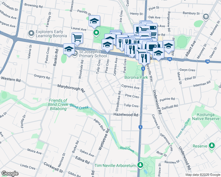 map of restaurants, bars, coffee shops, grocery stores, and more near 28 Pine Crescent in Boronia