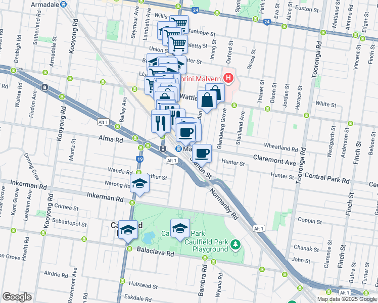 map of restaurants, bars, coffee shops, grocery stores, and more near 65 Station Street in Malvern